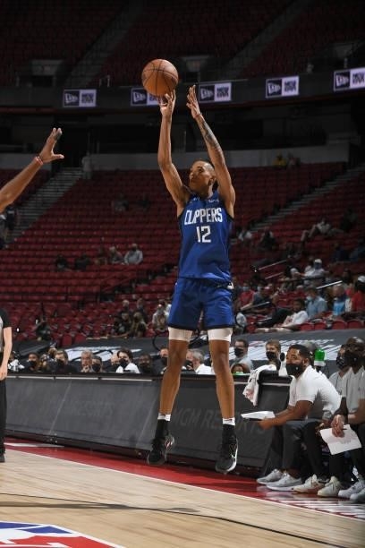 Brandon Boston Jr. #12 of the LA Clippers shoots the ball against the Portland Trail Blazers during the 2021 Las Vegas Summer League on August 10,...