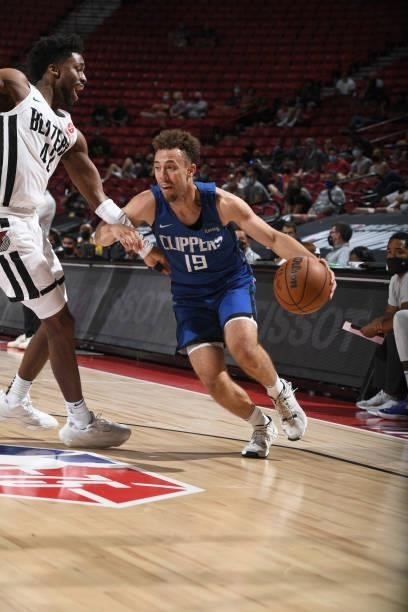 Jordan Ford of the LA Clippers drives to the basket against the Portland Trail Blazers during the 2021 Las Vegas Summer League on August 10, 2021 at...