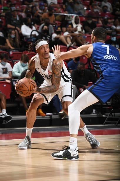 Michael Beasley of the Portland Trail Blazers handles the ball against the LA Clippers during the 2021 Las Vegas Summer League on August 10, 2021 at...