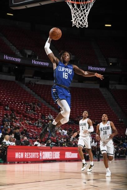 Kerwin Roach of the LA Clippers drives to the basket against the Portland Trail Blazers during the 2021 Las Vegas Summer League on August 10, 2021 at...