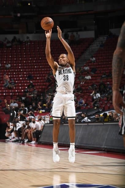 George King of the Portland Trail Blazers shoots the ball against the LA Clippers during the 2021 Las Vegas Summer League on August 10, 2021 at the...