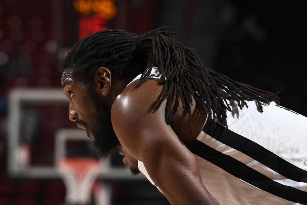 Kenneth Faried of the Portland Trail Blazers looks on during the game against the LA Clippers during the 2021 Las Vegas Summer League on August 10,...