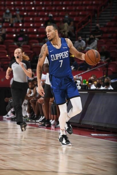 Amir Coffey of the LA Clippers handles the ball against the Portland Trail Blazers during the 2021 Las Vegas Summer League on August 10, 2021 at the...
