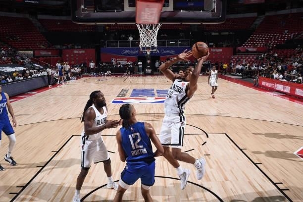 George King of the Portland Trail Blazers drives to the basket against the LA Clippers during the 2021 Las Vegas Summer League on August 10, 2021 at...