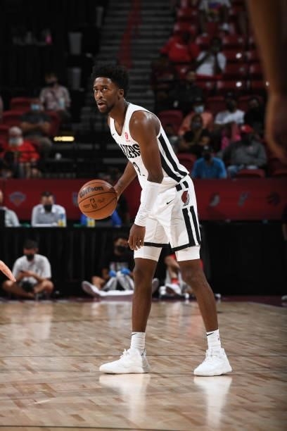 Kobi Simmons of the Portland Trail Blazers handles the ball against the LA Clippers during the 2021 Las Vegas Summer League on August 10, 2021 at the...