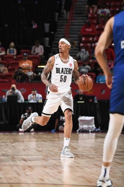 Michael Beasley of the Portland Trail Blazers handles the ball against the LA Clippers during the 2021 Las Vegas Summer League on August 10, 2021 at...