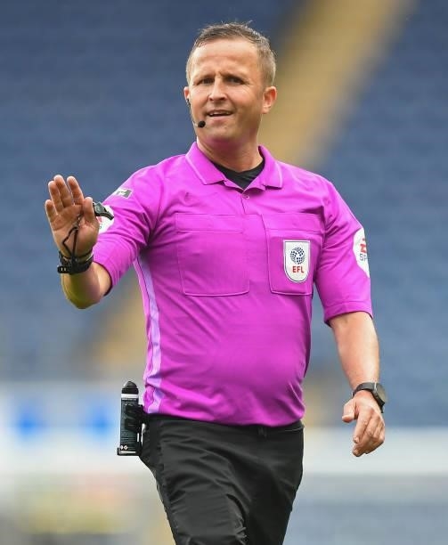Referee David Webb during the Sky Bet Championship match between Blackburn Rovers and Swansea City at Ewood Park on August 7, 2021 in Blackburn,...