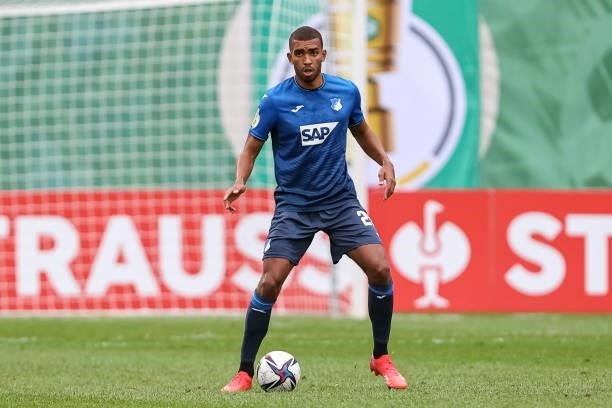 Kevin Akpoguma of TSG 1899 Hoffenheim controls the Ball during the DFB Cup first round match between Viktoria Koeln and 1899 Hoffenheim at Sportpark...