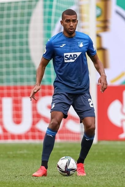 Kevin Akpoguma of TSG 1899 Hoffenheim controls the Ball during the DFB Cup first round match between Viktoria Koeln and 1899 Hoffenheim at Sportpark...