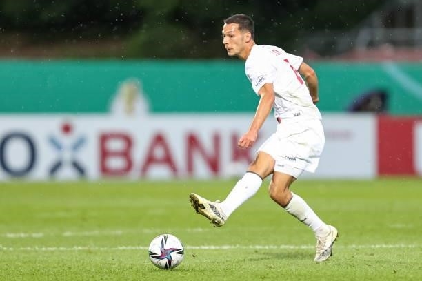 Jeremias Lorch of Viktoria Koeln controls the Ball during the DFB Cup first round match between Viktoria Koeln and 1899 Hoffenheim at Sportpark...