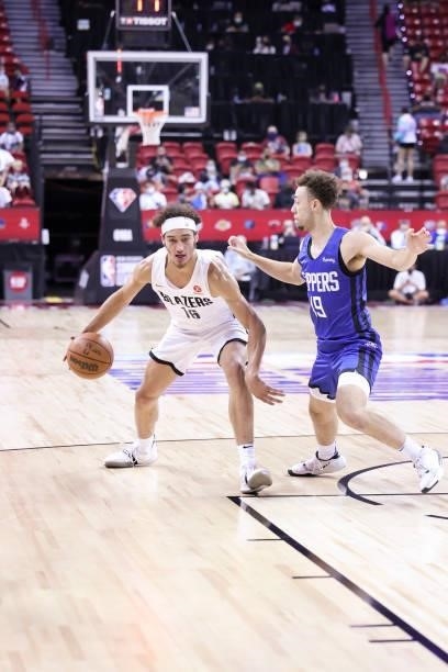 Elleby of the Portland Trail Blazers handles the ball as Jordan Ford of the LA Clippers plays defense during the 2021 Las Vegas Summer League on...