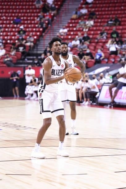 Kobi Simmons of the Portland Trail Blazers shoots a free throw during the game against the LA Clippers during the 2021 Las Vegas Summer League on...