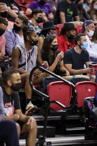 Kelsey Plum of the Las Vegas Aces looks on during the game between the LA Clippers and Portland Trail Blazers during the 2021 Las Vegas Summer League...