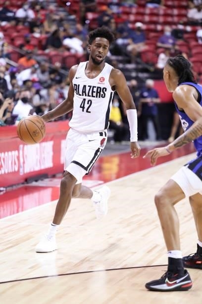 Kobi Simmons of the Portland Trail Blazers handles the ball during the game against the LA Clippers during the 2021 Las Vegas Summer League on August...
