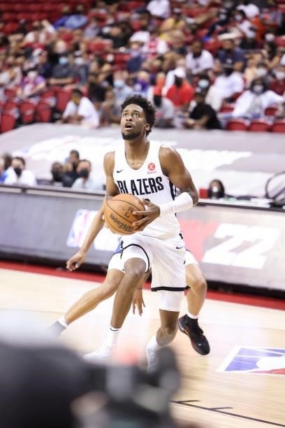 Kobi Simmons of the Portland Trail Blazers drives to the basket during the game against the LA Clippers during the 2021 Las Vegas Summer League on...