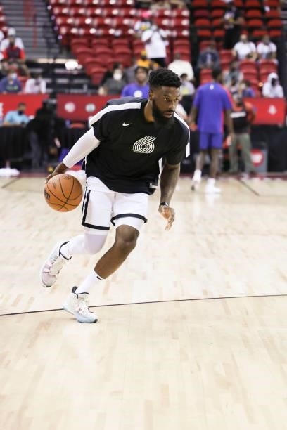 Erik McCree of the Portland Trail Blazers warms up before the game against the LA Clippers during the 2021 Las Vegas Summer League on August 10, 2021...