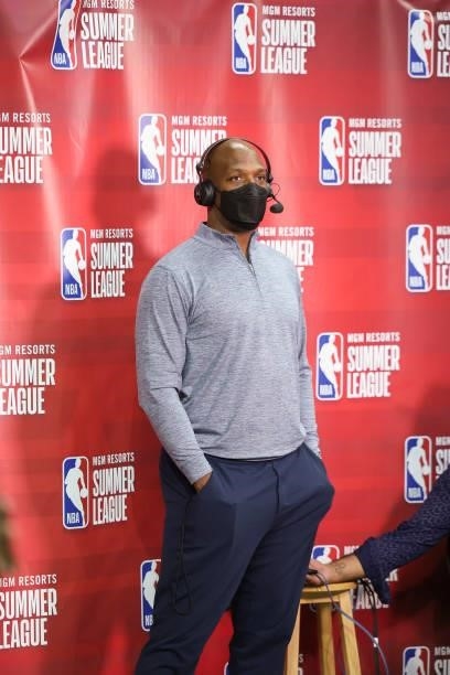 Head Coach Chauncey Billups of the Portland Trail Blazers talks to the media after the game against the LA Clippers during the 2021 Las Vegas Summer...