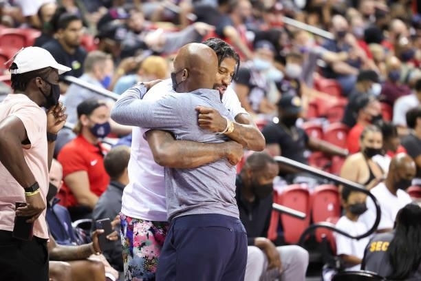 Paul George of the LA Clippers hugs Head Coach Chauncey Billups of the Portland Trail Blazers before the game between the LA Clippers and Portland...