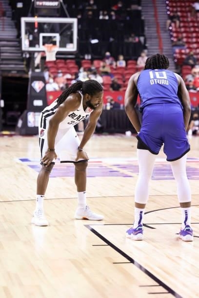 Kenneth Faried of the Portland Trail Blazers looks on during the 2021 Las Vegas Summer League on August 10, 2021 at the Thomas & Mack Center in Las...