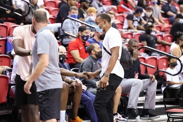 Norman Powell of the Portland Trail Blazers looks on before the game between the LA Clippers and Portland Trail Blazers during the 2021 Las Vegas...