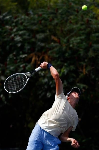 Jannik Skinner of Italy serves against James Duckworth of Australia during the second round on Day Three of the National Bank Open at Aviva Centre on...