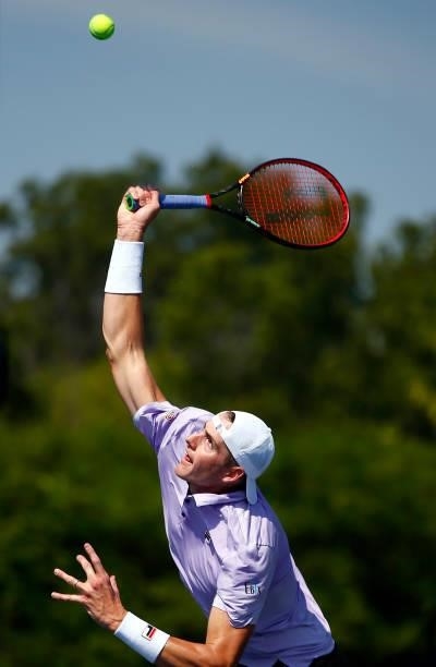 John Isner of the United States serves against Cristian Garin of Chile during the second round on Day Three of the National Bank Open at Aviva Centre...