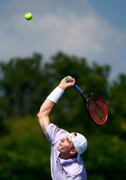 John Isner of the United States serves against Cristian Garin of Chile during the second round on Day Three of the National Bank Open at Aviva Centre...
