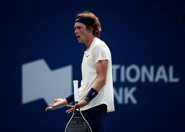 Andrey Rublev of Russia reacts after losing a point against Fabio Fognini of Italy during the second round on Day Three of the National Bank Open at...