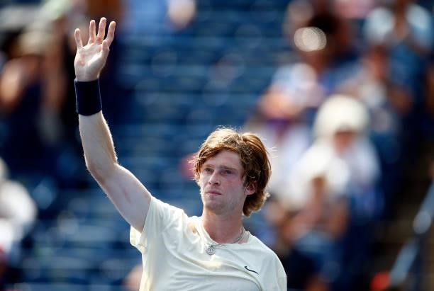 Andrey Rublev of Russia celebrates victory over Fabio Fognini of Italy during the second round on Day Three of the National Bank Open at Aviva Centre...
