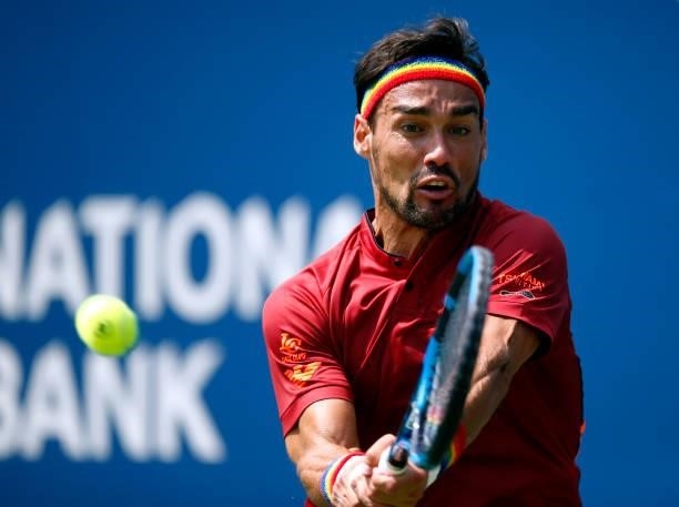Fabio Fognini of Italy hits a shot against Andrey Rublev of Russia during the second round on Day Three of the National Bank Open at Aviva Centre on...