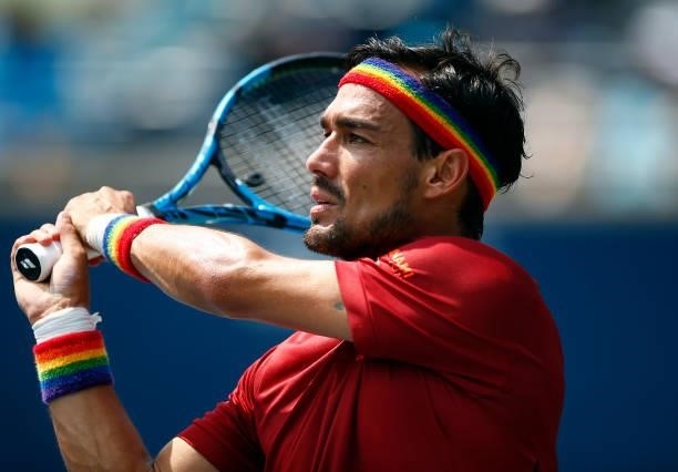 Fabio Fognini of Italy hits a shot against Andrey Rublev of Russia during the second round on Day Three of the National Bank Open at Aviva Centre on...