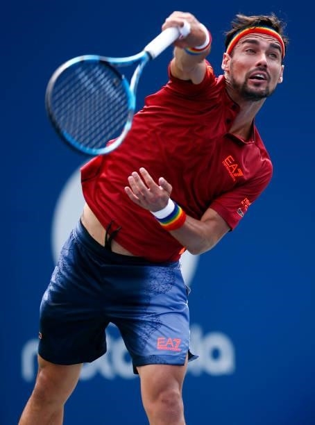 Fabio Fognini of Italy serves against Andrey Rublev of Russia during the second round on Day Three of the National Bank Open at Aviva Centre on...