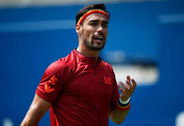 Fabio Fognini of Italy reacts after losing a point against Andrey Rublev of Russia during the second round on Day Three of the National Bank Open at...