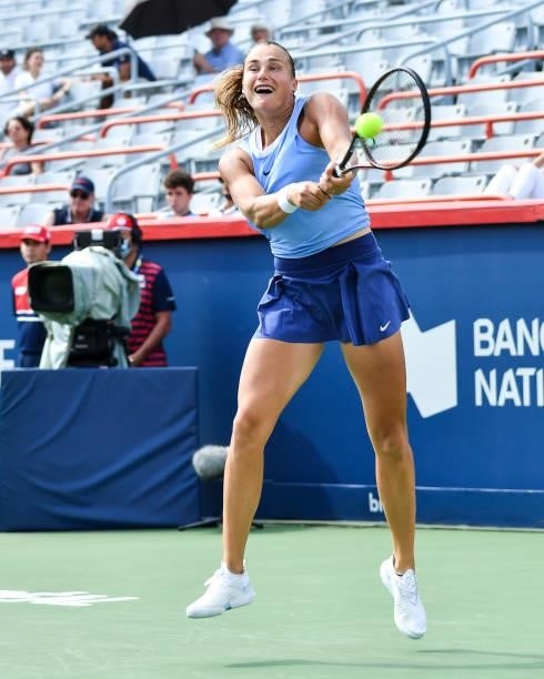 Aryna Sabalenka of Belarus hits a return shot during her Womens Singles second round match against Sloane Stephens of the United States on Day Three...
