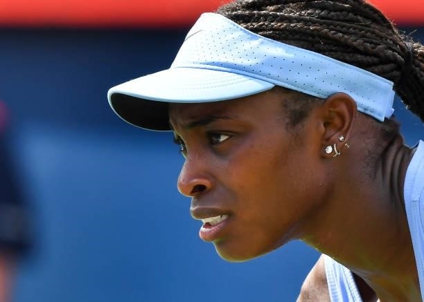 Sloane Stephens of the United States remains focused during her Womens Singles second round match against Aryna Sabalenka of Belarus on Day Three of...