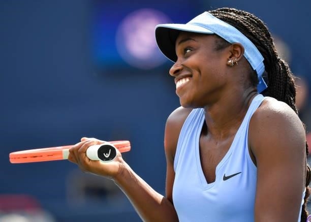 Sloane Stephens of the United States looks on with a smile during her Womens Singles second round match against Aryna Sabalenka of Belarus on Day...