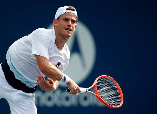 Diego Schwartzman of Argentina serves against Benoit Paire of France during the second round on Day Three of the National Bank Open at Aviva Centre...