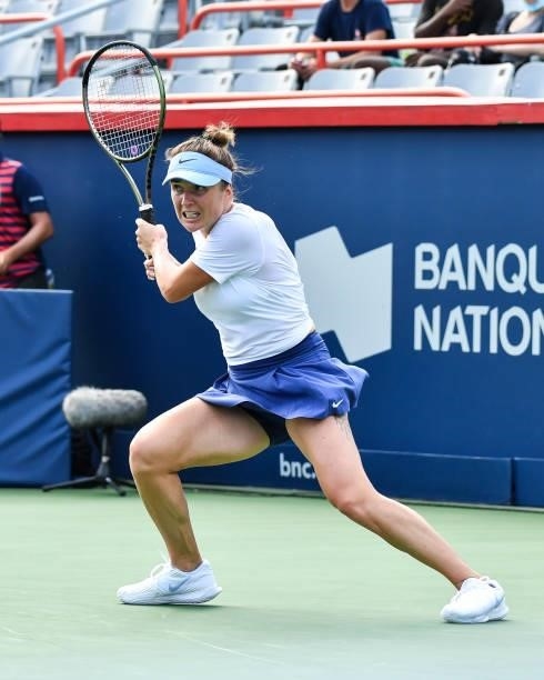 Elina Svitolina of Ukraine hits a return during her Women's Singles second round match against Johanna Konta of Great Britain on Day Three of the...