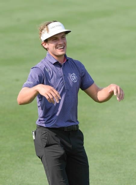 James Nicholas celebrates his chip in from the first fairway prior to the Korn Ferry Tours Pinnacle Bank Championship presented by Aetna at The Club...