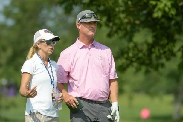Tag Ridings and his wife & caddie Brenda Ridings watch play on the second hole prior to the Korn Ferry Tours Pinnacle Bank Championship presented by...