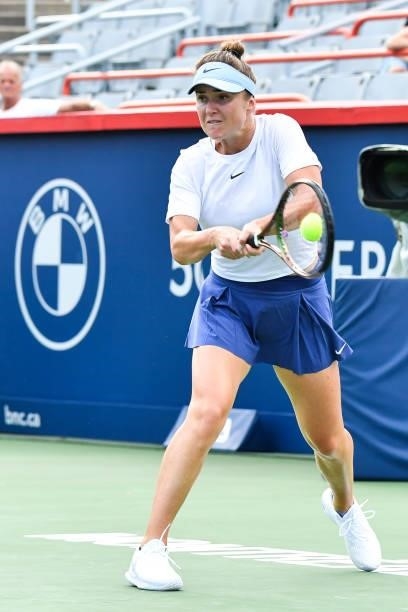 Elina Svitolina of Ukraine hits a return during her Women's Singles second round match against Johanna Konta of Great Britain on Day Three of the...