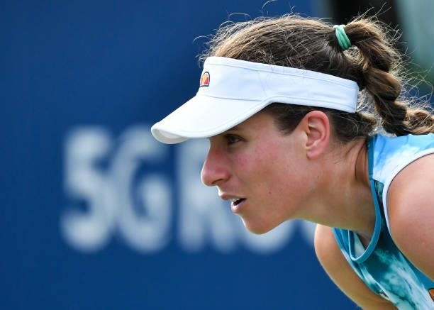 Johanna Konta of Great Britain remains focused during her Women's Singles second round match against Elina Svitolina of Ukraine on Day Three of the...