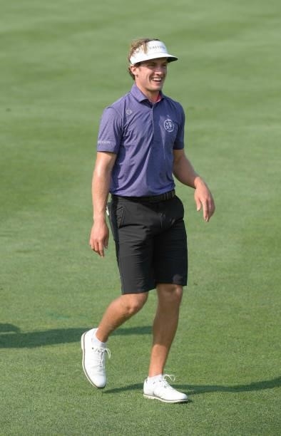 James Nicholas celebrates his chip in from the first fairway prior to the Korn Ferry Tours Pinnacle Bank Championship presented by Aetna at The Club...