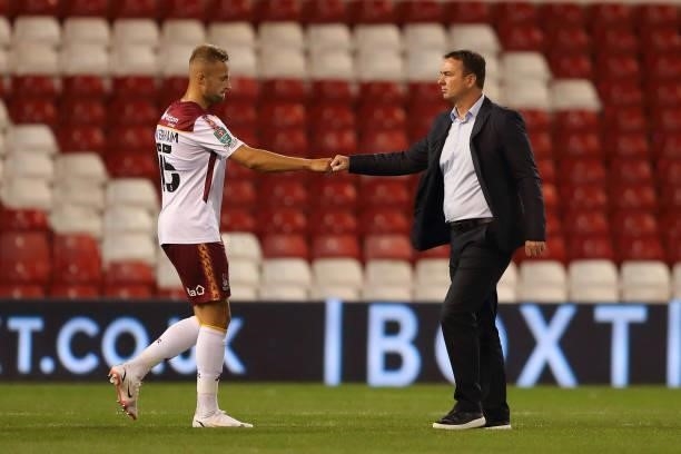 Charles Vernam of Bradford City and Derek Adams the manager / head coach of Bradford City during the Carabao cup first round match between Nottingham...