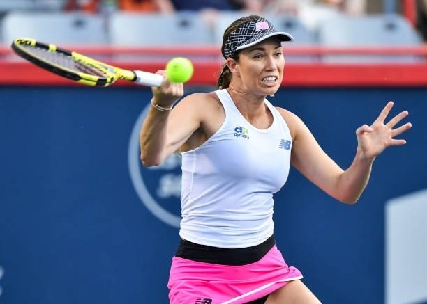 Danielle Collins of the United States hits a return shot during her Women's Singles second round match against Simona Halep of Romania on Day Three...