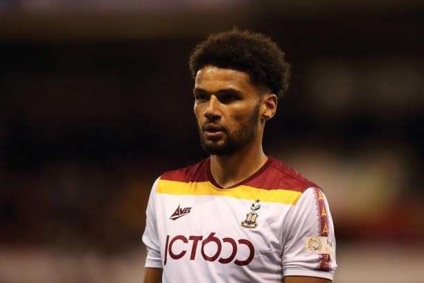 Lee Angol of Bradford City during the Carabao cup first round match between Nottingham Forest and Bradford City at City Ground on August 11, 2021 in...