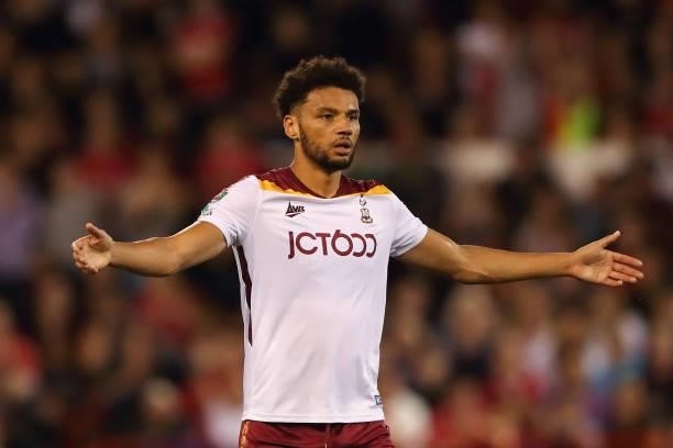 Lee Angol of Bradford City during the Carabao cup first round match between Nottingham Forest and Bradford City at City Ground on August 11, 2021 in...