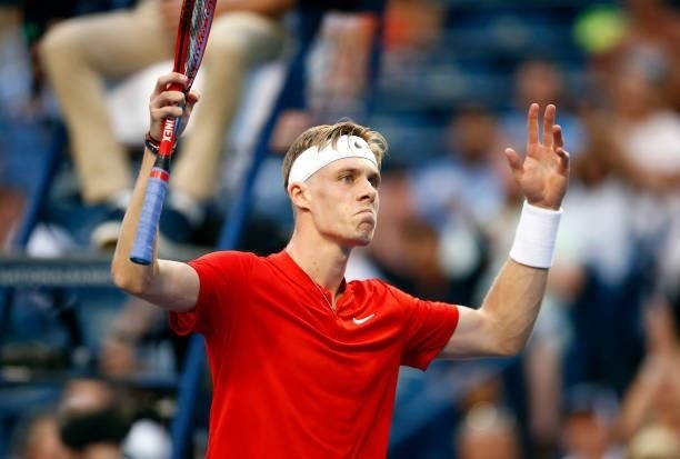 Denis Shapovalov of Canada reacts during his second round match against Frances Tiafoe of the United States on Day Three of the National Bank Open at...