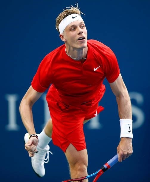 Denis Shapovalov of Canada serves against Frances Tiafoe of the United States during the second round on Day Three of the National Bank Open at Aviva...