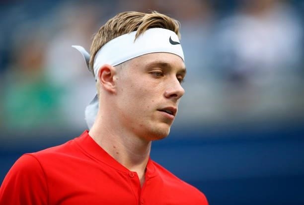 Denis Shapovalov of Canada looks on against Frances Tiafoe of the United States during the second round on Day Three of the National Bank Open at...